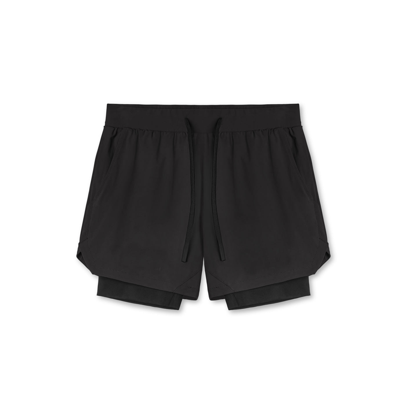 Two in one training shorts in black shown flat with the inner liner, drawstring close view
