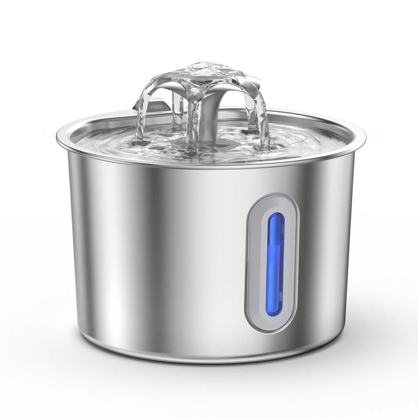 Stainless steel pet water fountain with flower dome spout and lit strip level window on white