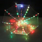 Top view of an open clear LED umbrella at night with multicolor lights on each rib