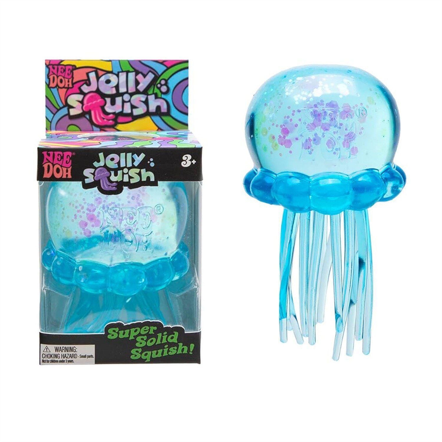 NeeDoh Jelly Squish blue jellyfish and its Super Solid Squish retail box side by side