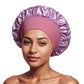 Lilac satin sleep bonnet with ruffled crown and wide elastic band, 32 cm diameter