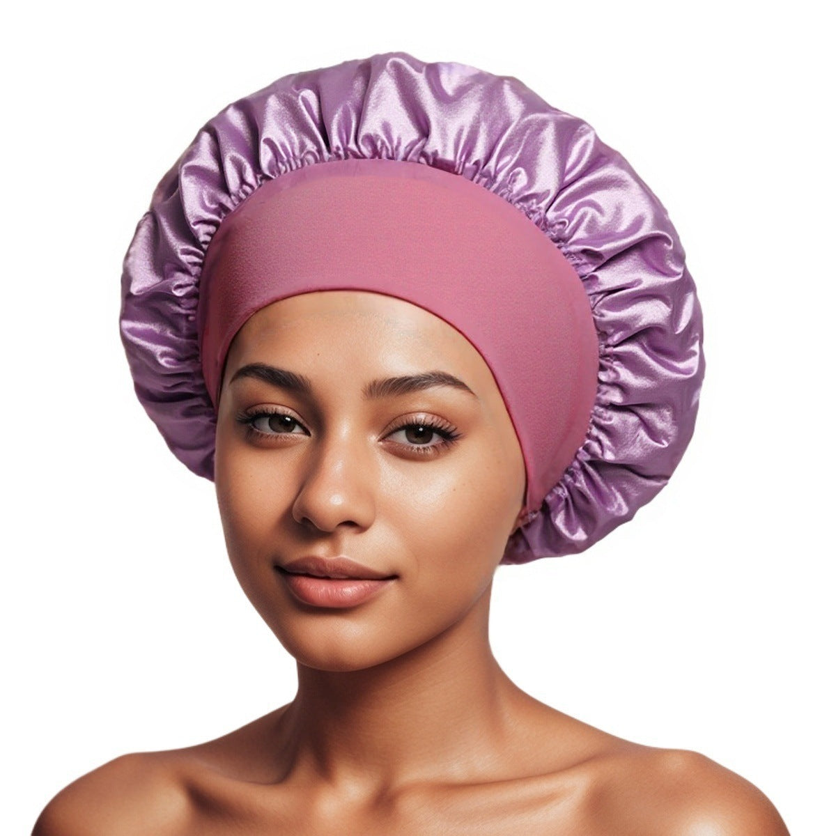 Lilac satin sleep bonnet with ruffled crown and wide elastic band, 32 cm diameter