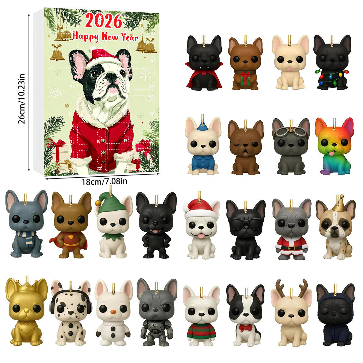 Light green Happy New Year advent calendar cover with a French Bulldog in a red jacket, Light Green New Year cover
