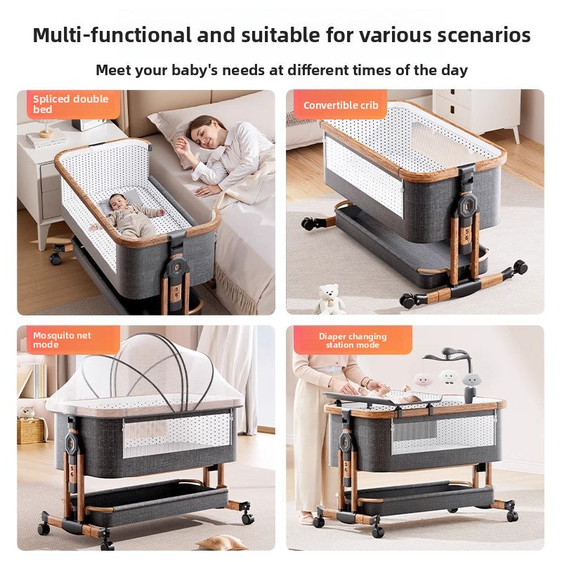 Four views of a multifunctional baby crib: bedside use, convertible crib, mosquito net mode and nursing table mode