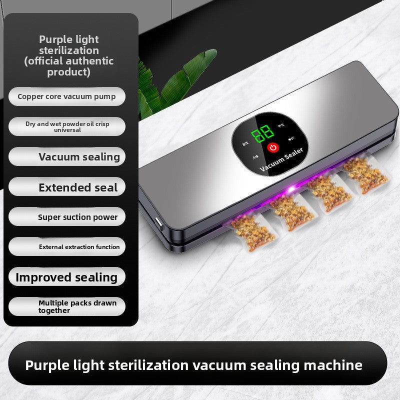 Food vacuum sealer shown side on while sealing four small pouches on a marble surface