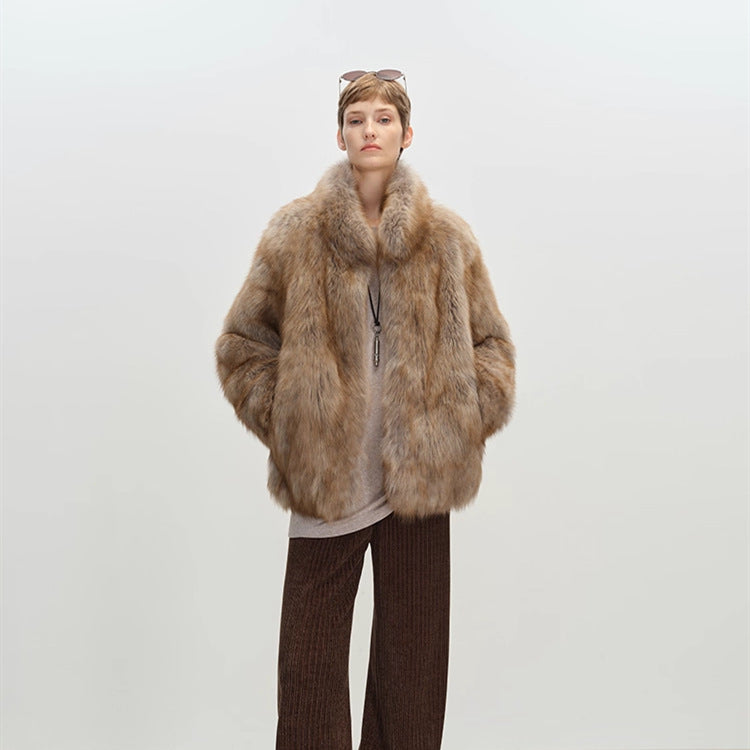 Golden tan long pile faux fur coat, stand collar standing up round the neck