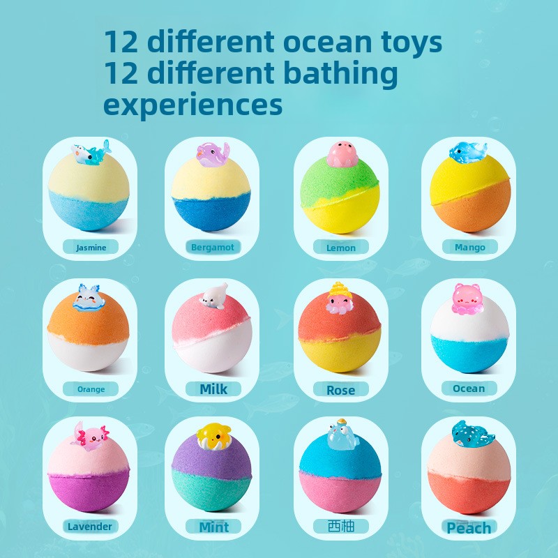 Blue bath bomb releasing color and foam in a tub with a small sea animal toy nearby