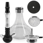 Hookah water pipe set components laid out including glass base, metal stem, bowl and tray