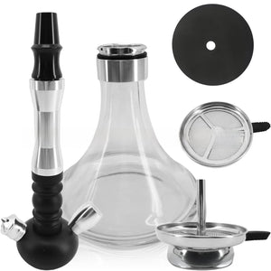 Hookah water pipe set components laid out including glass base, metal stem, bowl and tray