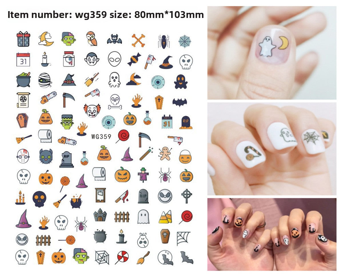 Vinyl Halloween nail stickers featuring bats, spiders and cobweb motifs