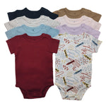 Eight folded baby short sleeve cotton bodysuits in assorted solid colors and a crayon print