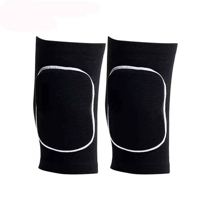Pair of black dance knee pads with white edge binding on a white background
