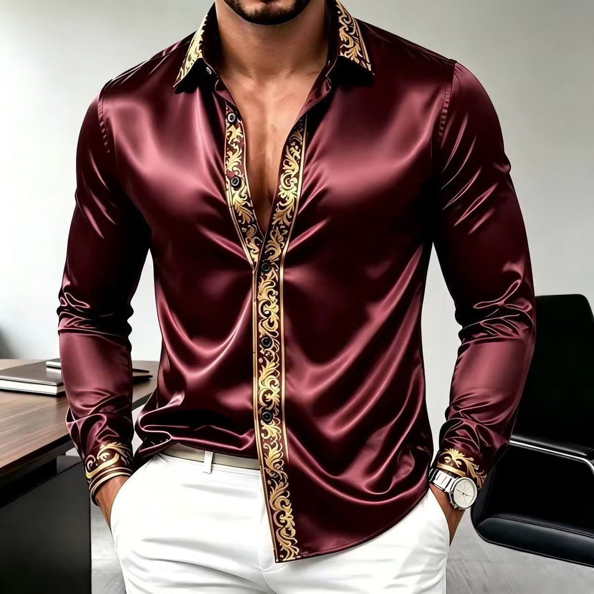 Burgundy satin long sleeve shirt with a gold ornamental band on the placket and cuffs, Burgundy XL option