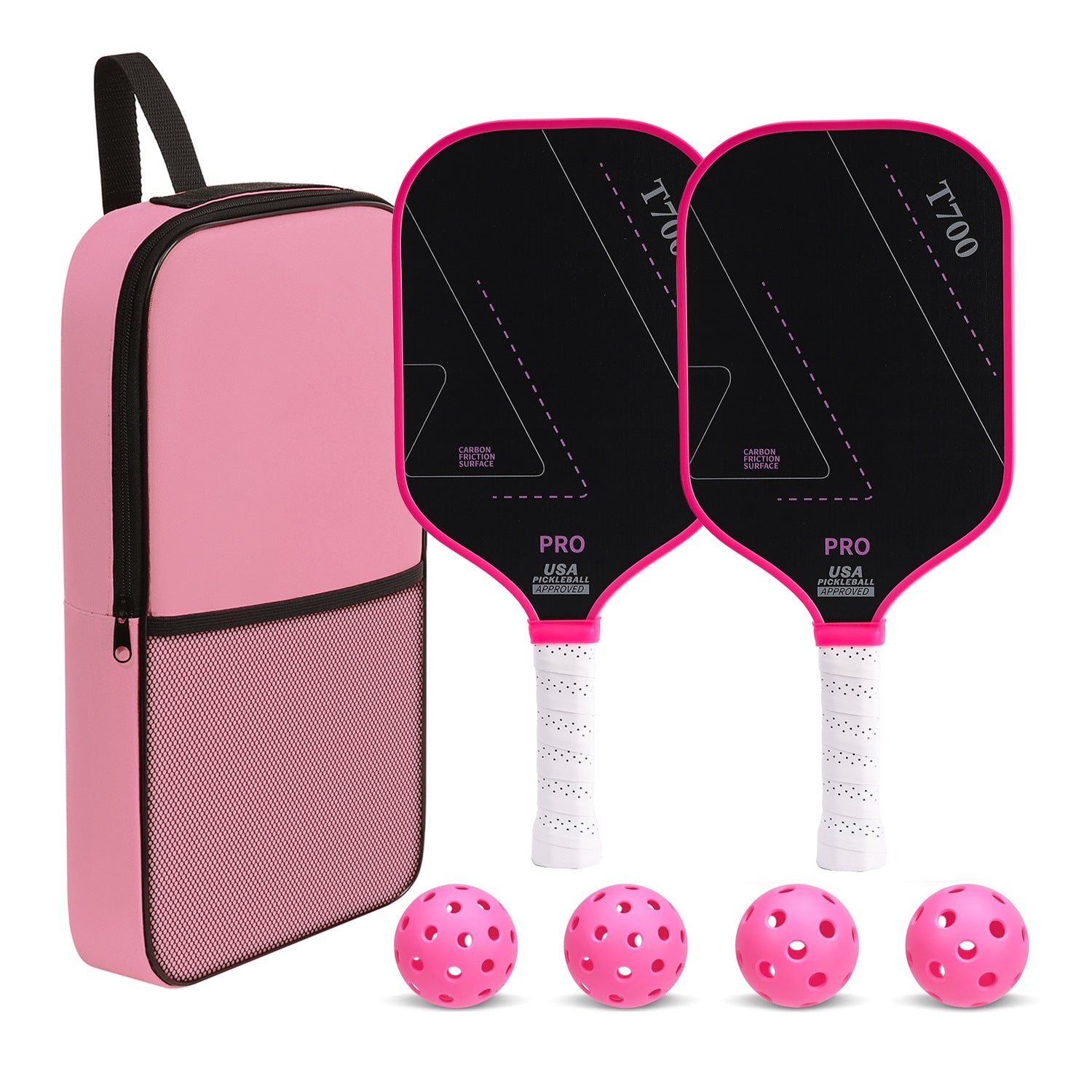 Full pickleball set shown together with two paddles, four balls and the zip carry bag