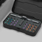 Close view of the bit tray, colour collared bits seated beside their printed size labels