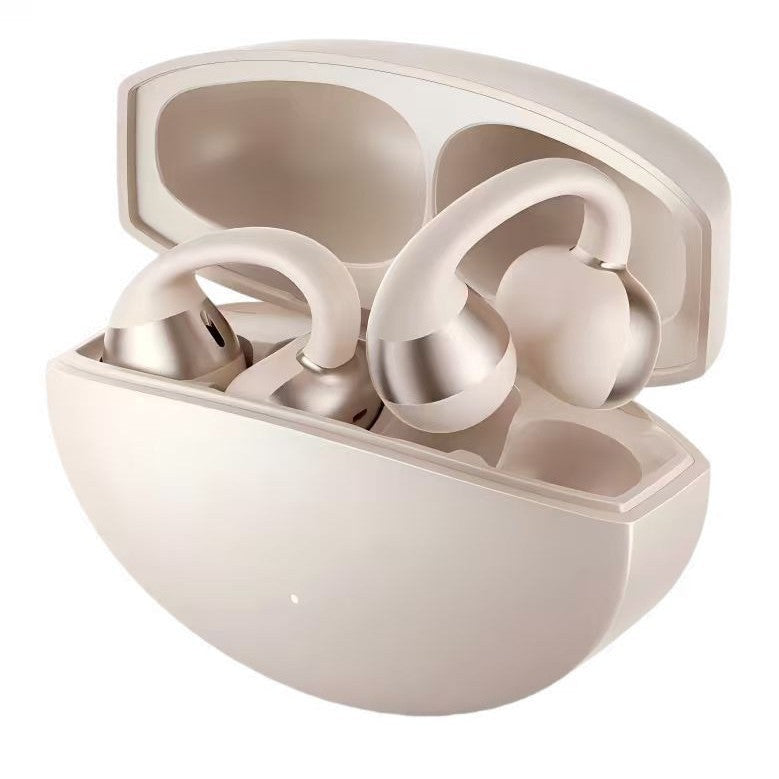 Champagne open ear clip earphones resting in their open rounded charging case