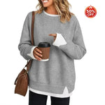 Women's gray crewneck sweatshirt with contrast white ribbed cuffs and split hem