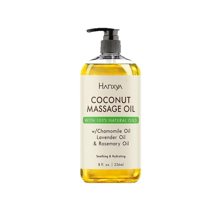 White Hanxya Coconut Massage Oil bottle with chamomile, lavender and rosemary oils, 236 ml, black pump top