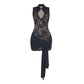 Black lace mini dress with keyhole neckline and a draped knotted skirt on a plain white background