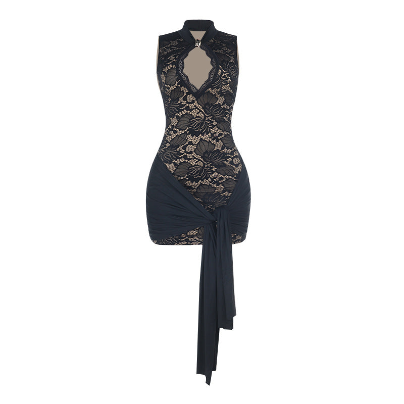 Black lace mini dress with keyhole neckline and a draped knotted skirt on a plain white background