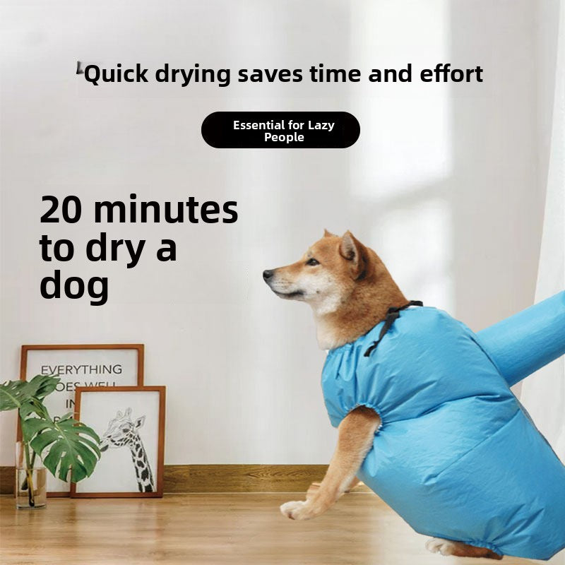 Blue pet drying bag shown with the drawstring neck opening and side sleeve for a hair dryer