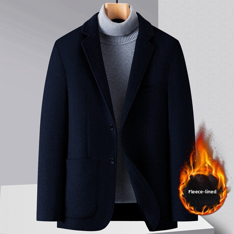 Black wool blend fleece lined suit jacket three quarter front view