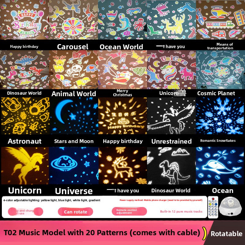 Starry sky projection with moons and stars filling a child ceiling