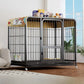 White iron dog crate with peaked roof and wheels holding a small dog in a bright room