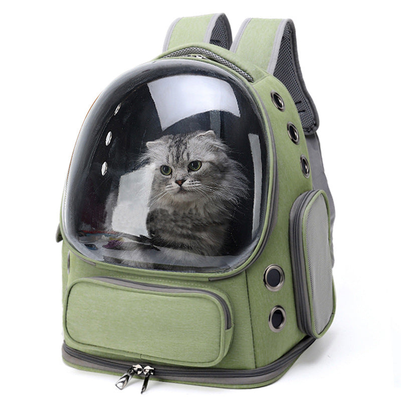 Pet carrier backpack in black Oxford fabric with a curved clear dome window