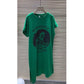 Green mid-length graphic dress on hanger, round neck and short cuffed sleeves