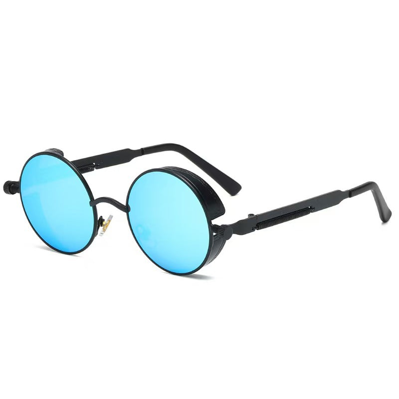 Retro round steampunk metal frame sunglasses shown as a studio product photo