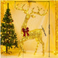 Large golden lit reindeer with a red bow beside a Christmas tree, 180 cm tall, 90 cm long and 30 cm wide on the drawing