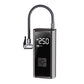 Black portable digital tire inflator with braided hose and a lit pressure screen on white