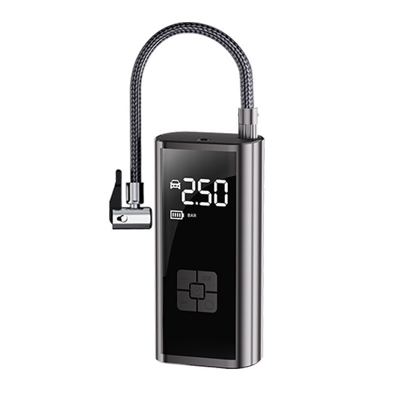 Black portable digital tire inflator with braided hose and a lit pressure screen on white