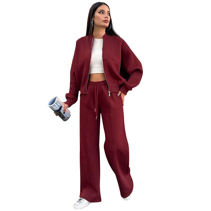 Wine red fleece zip jacket and wide-leg pants set, side view