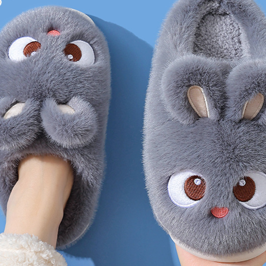 Slate gray cartoon bunny plush slippers seen from above on a foot, standard style, option photo for size 34/35