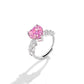 Pink heart stone ring with scattered clear baguette accents along the shoulders, S925 marked band