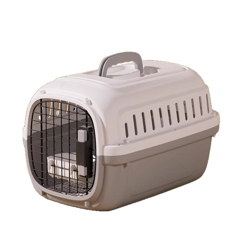 Pet travel crate with a clear skylight hatch on the roof for looking in from above