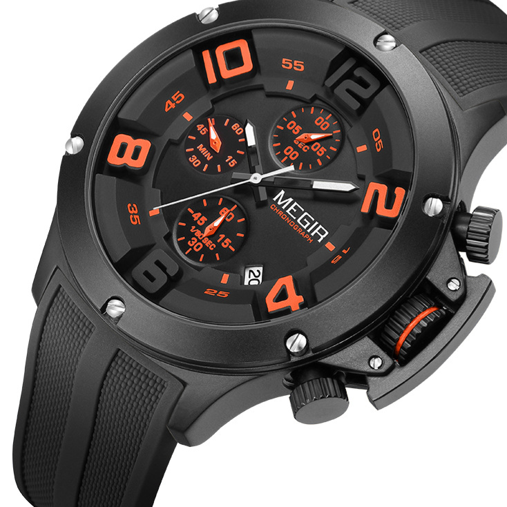 MEGIR sports watch black dial with luminous hands and date window close up