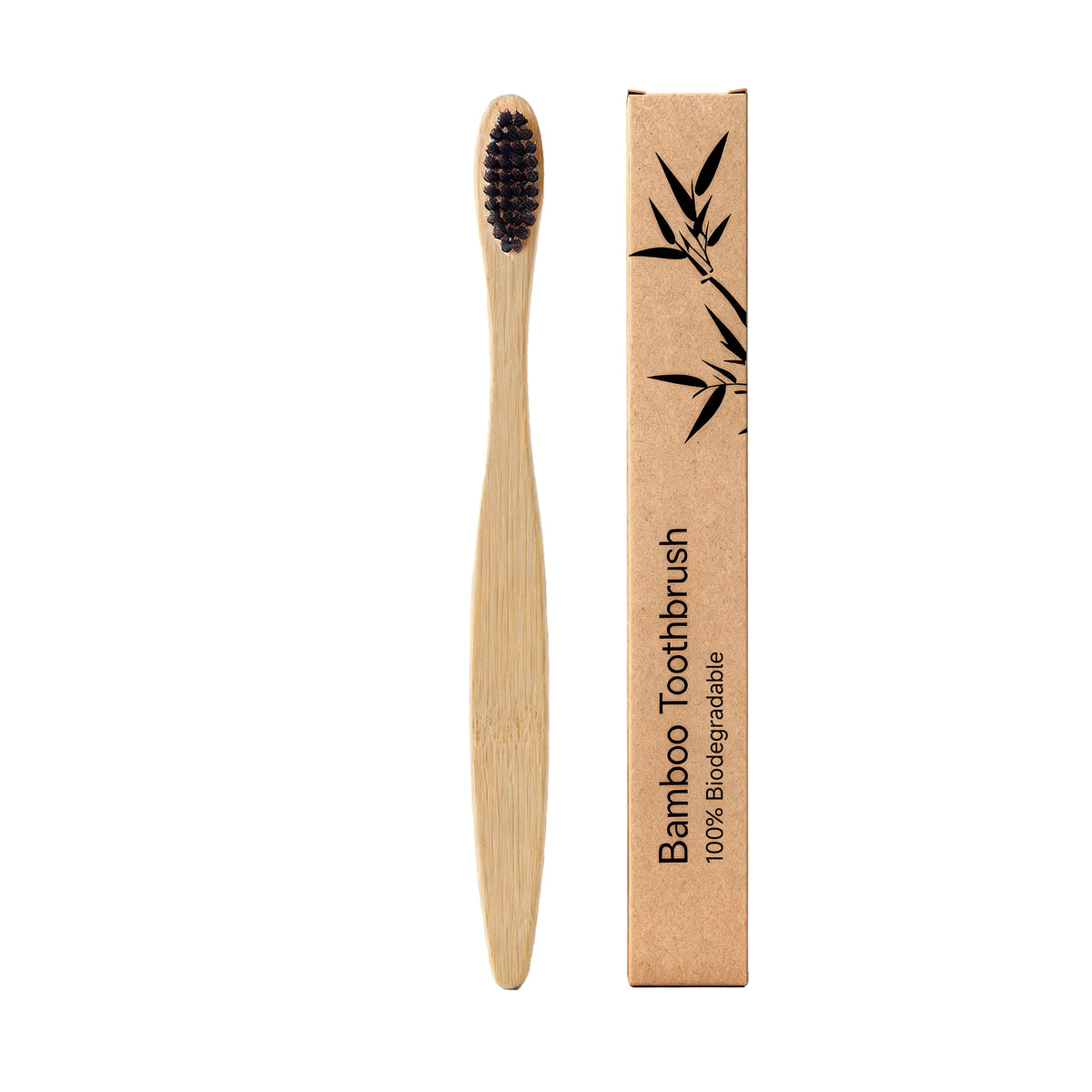 Flat bamboo handle of the toothbrush shown from the side