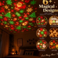 Bedroom ceiling covered with red and green festive light patterns, with six pattern previews beside it