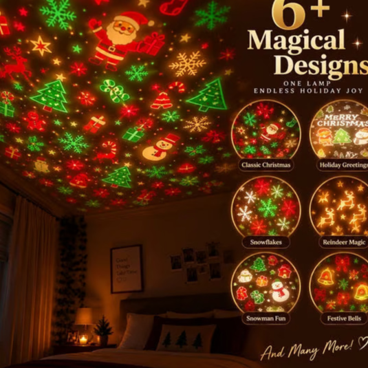 Bedroom ceiling covered with red and green festive light patterns, with six pattern previews beside it