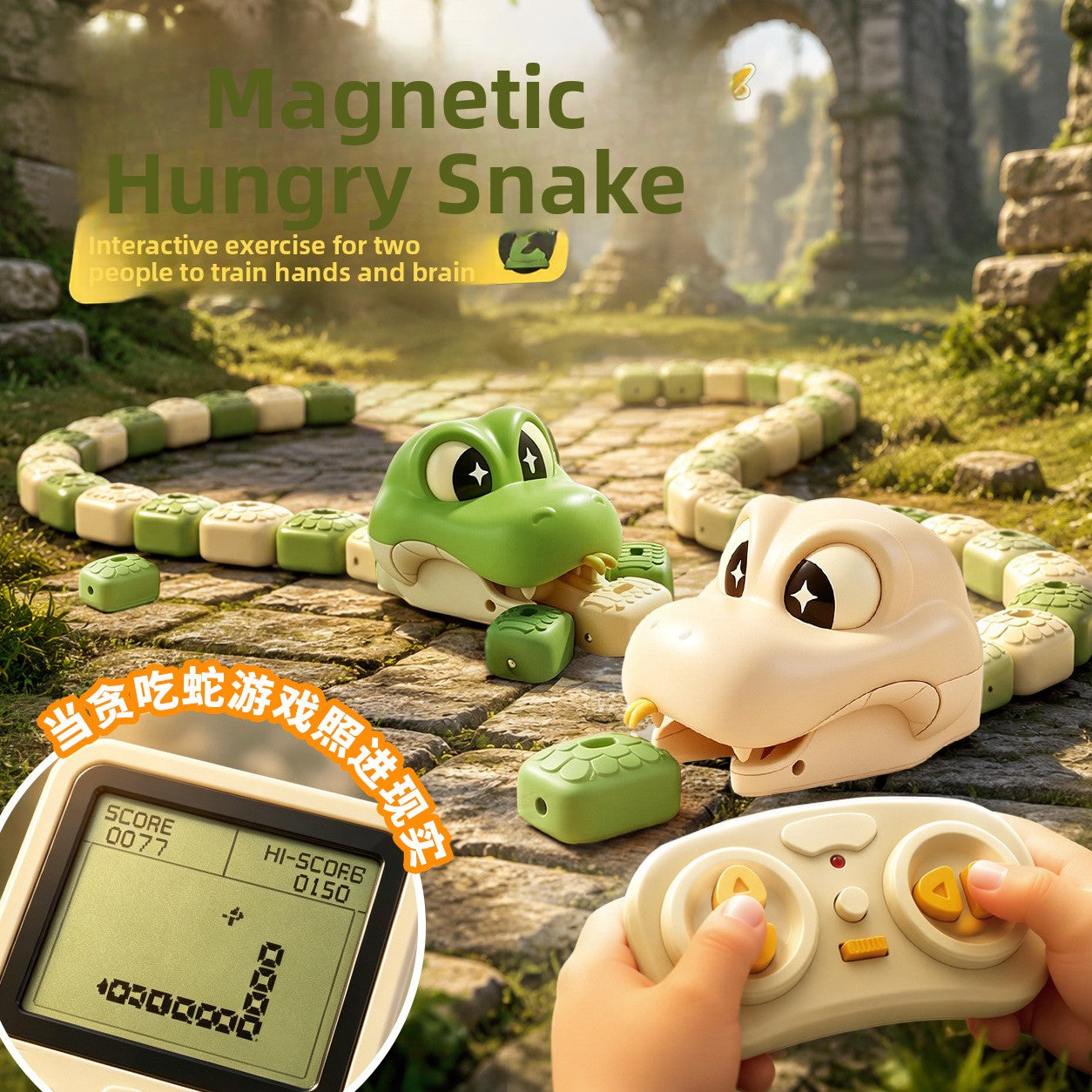Green and beige remote control magnetic snake toys with the 2.4G controller on a stone path