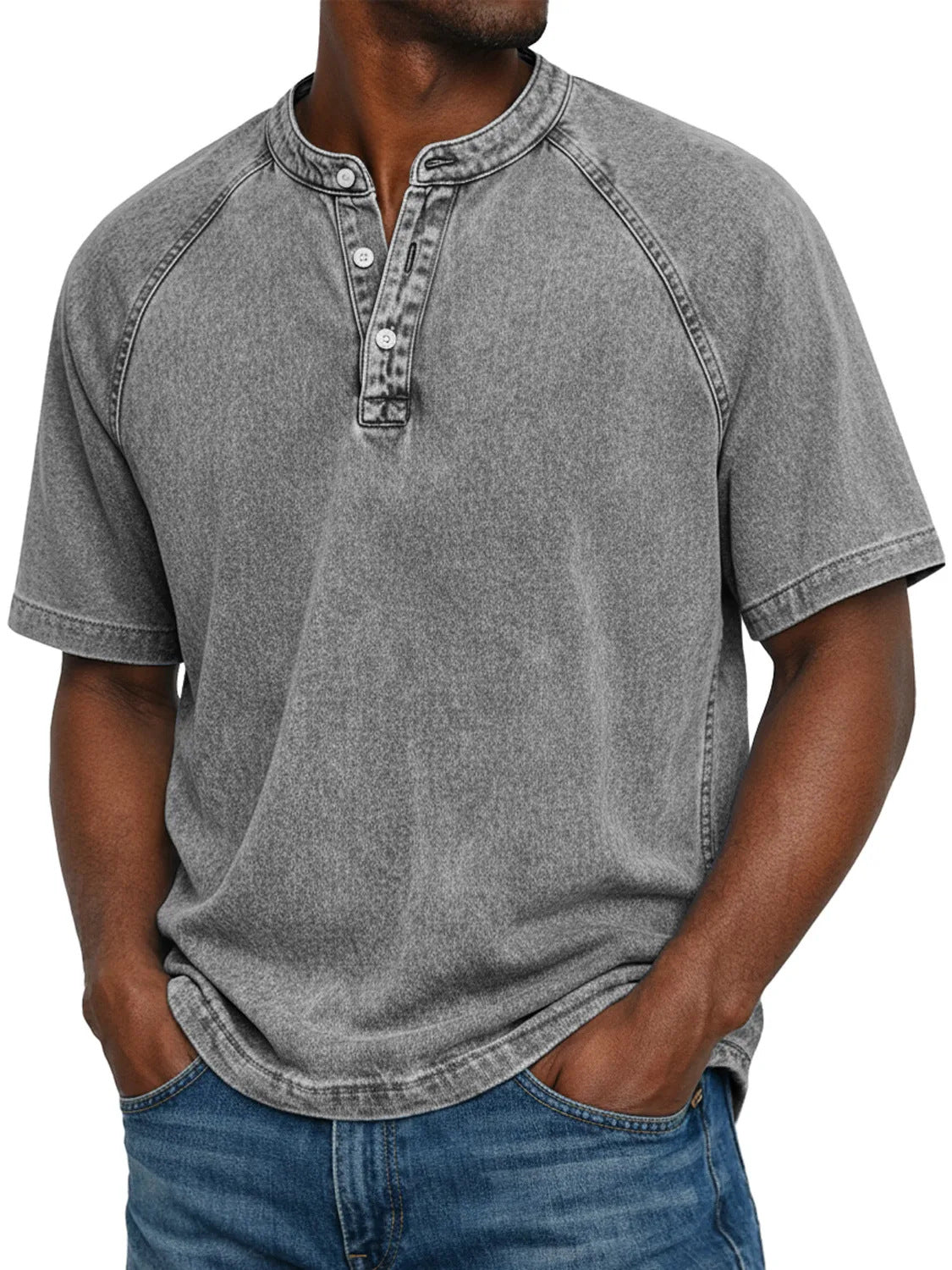 Mid range framing of the men's washed denim short sleeve henley