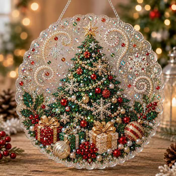Close up of acrylic diamond beads set into a festive Christmas ornament