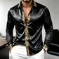 Black satin long sleeve shirt with a gold ornamental band on the placket and cuffs, Black 5XL option