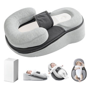 Grey baby lounger shown with its box and small in-use views of a baby resting on the sloped pad