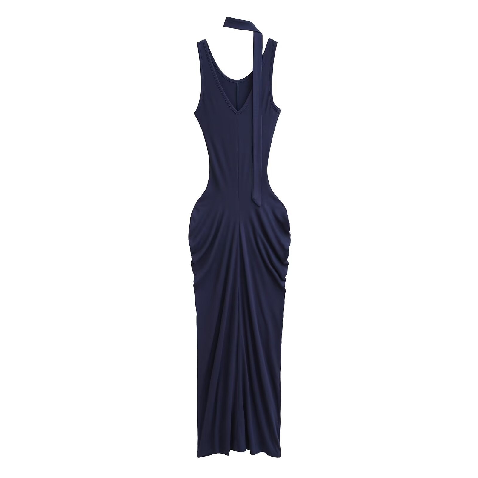 Draped ruched maxi dress with a low scoop back shown flat on a white background