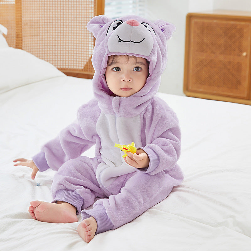 Purple bat hooded flannel baby jumpsuit in lilac with animal face hood, option 80cm