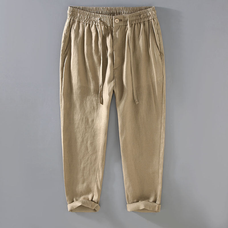 Pure linen mens drawstring straight leg trousers in green coffee, waist and drawstring detail